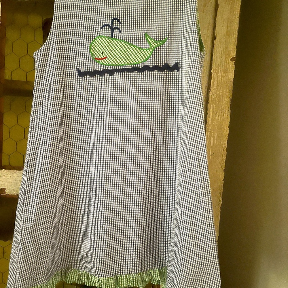 Brand Mondays Child blue and white gingham dress w/ whale on front.